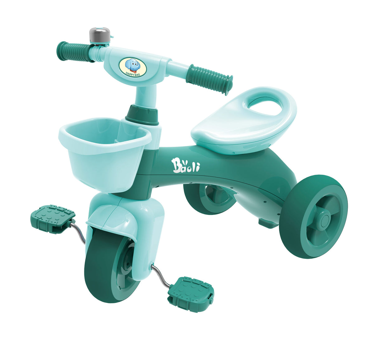 Green three wheel kids ride on tricycle with easy grip handlebars