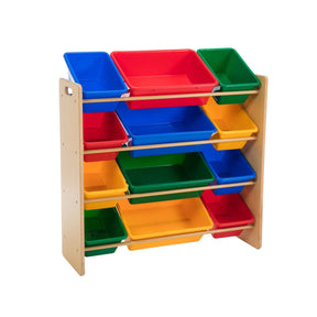 Kids toy storage organiser shelf with 12 multicoloured bins