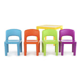 Kids table and four chairs set with chairs stacked for storage