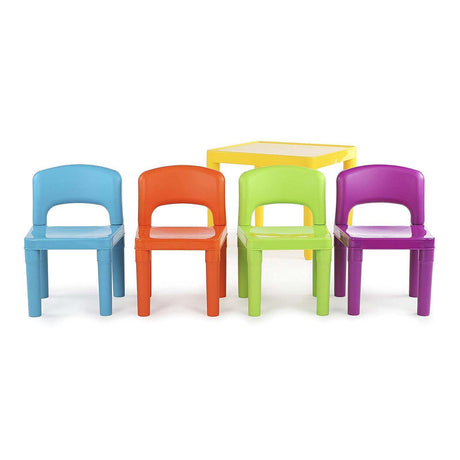 Kids table and four chairs set with chairs stacked for storage