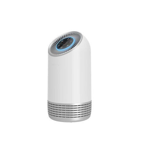 Air purifier touch panel showing fan speed, timer and sleep mode controls