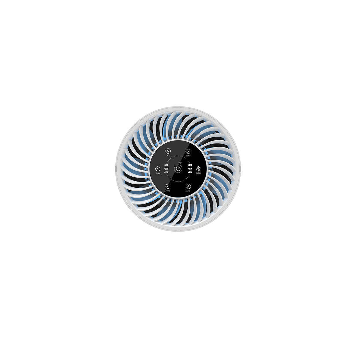 Air purifier in a living room beside a sofa