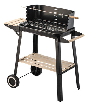 Windy Harbour charcoal BBQ grill with manual rotisserie spit on wheeled trolley stand