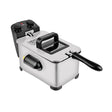Stainless steel 3.8 litre benchtop deep fryer with lid closed and control knobs