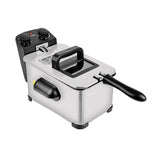 Stainless steel 3.8 litre benchtop deep fryer with lid closed and control knobs