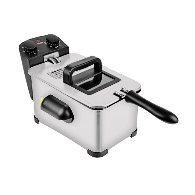 Stainless steel 3.8 litre benchtop deep fryer with lid closed and control knobs