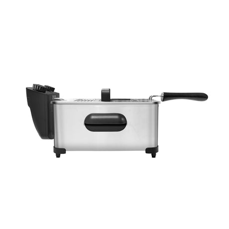 Deep fryer with lid open showing frying basket and enamelled oil container