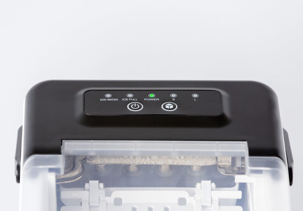 Transparent viewing window on the lid of the black ice maker