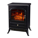 Black steel freestanding electric fireplace heater with log flame effect