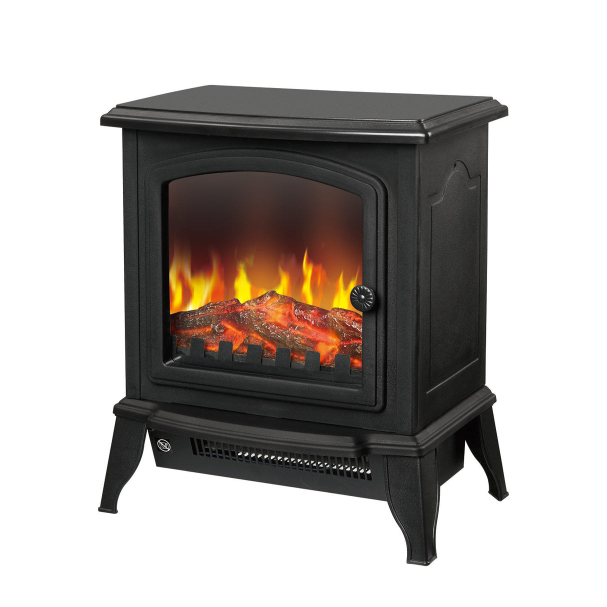 Black freestanding electric fireplace heater with log flame effect behind glass