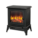Black freestanding electric fireplace heater with log flame effect behind glass
