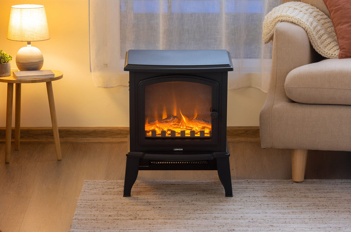Front view of the 2000 W electric fireplace heater showing glowing logs