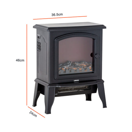Angled view of the compact black electric fireplace cabinet