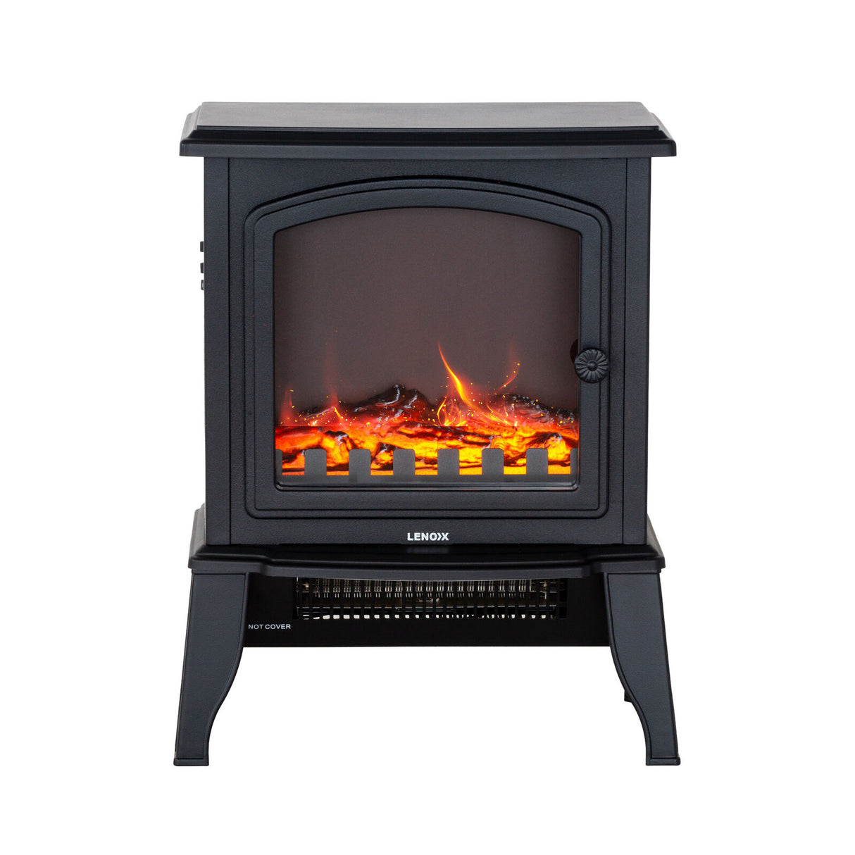 Electric fireplace heater in a living room beside a sofa