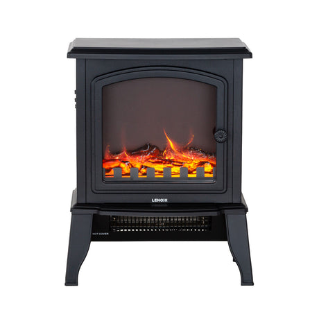 Electric fireplace heater in a living room beside a sofa
