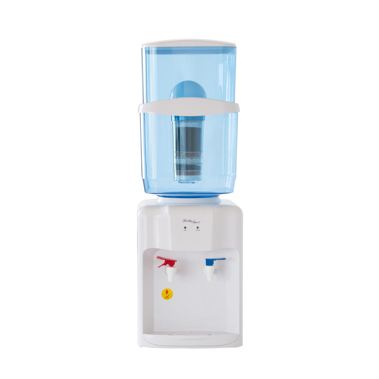Benchtop water dispenser in white and blue with dual hot and cold taps