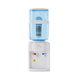 Benchtop water dispenser in white and blue with dual hot and cold taps