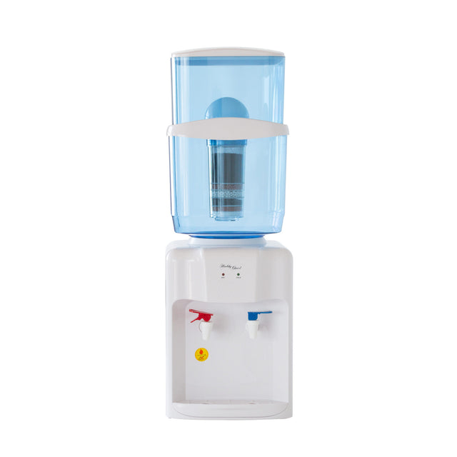 Benchtop water dispenser in white and blue with dual hot and cold taps
