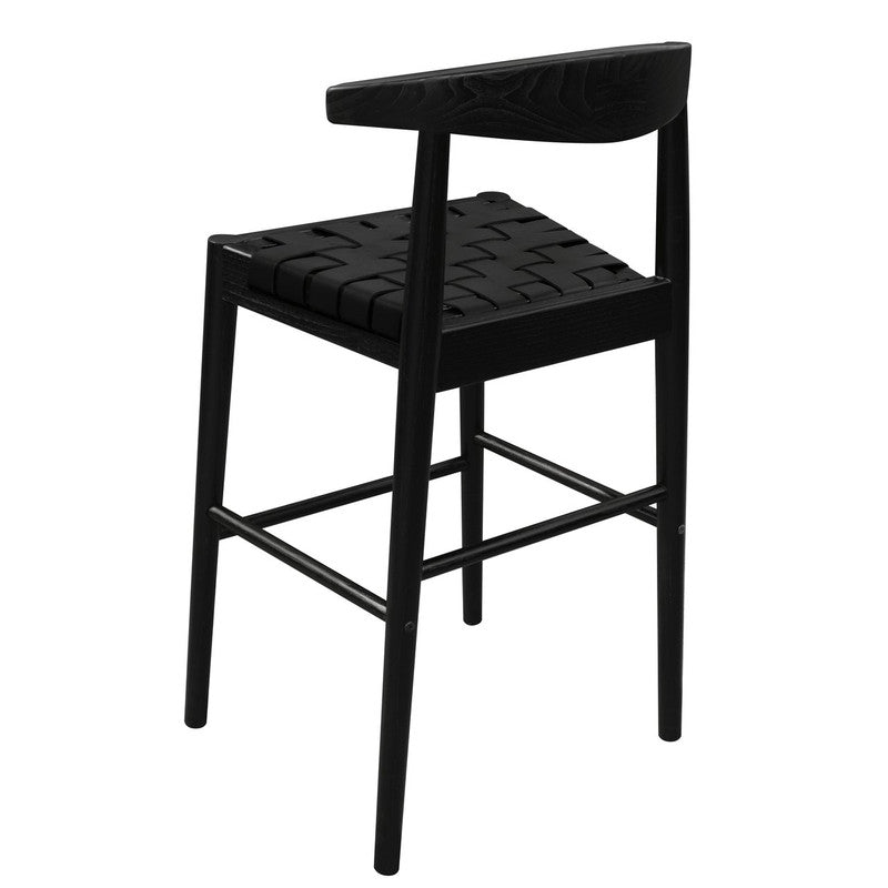 Elliot bar stool handwoven cowhide seat and solid oak leg detail — Allure Home Collections
