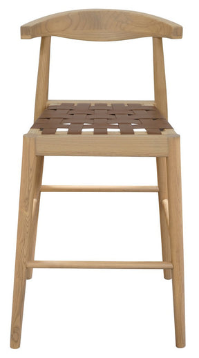Aspendale natural oak counter stool with woven leather seat at a kitchen island