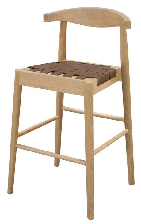 Aspendale natural oak counter stool with woven leather seat at a kitchen island