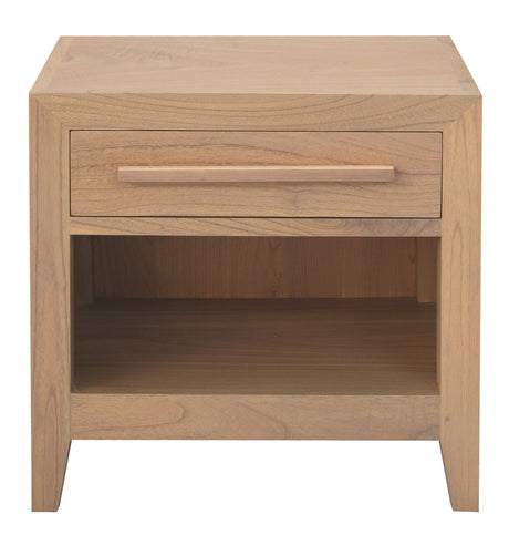 Elvas handcrafted Mindi timber bedside table with one drawer in a bedroom