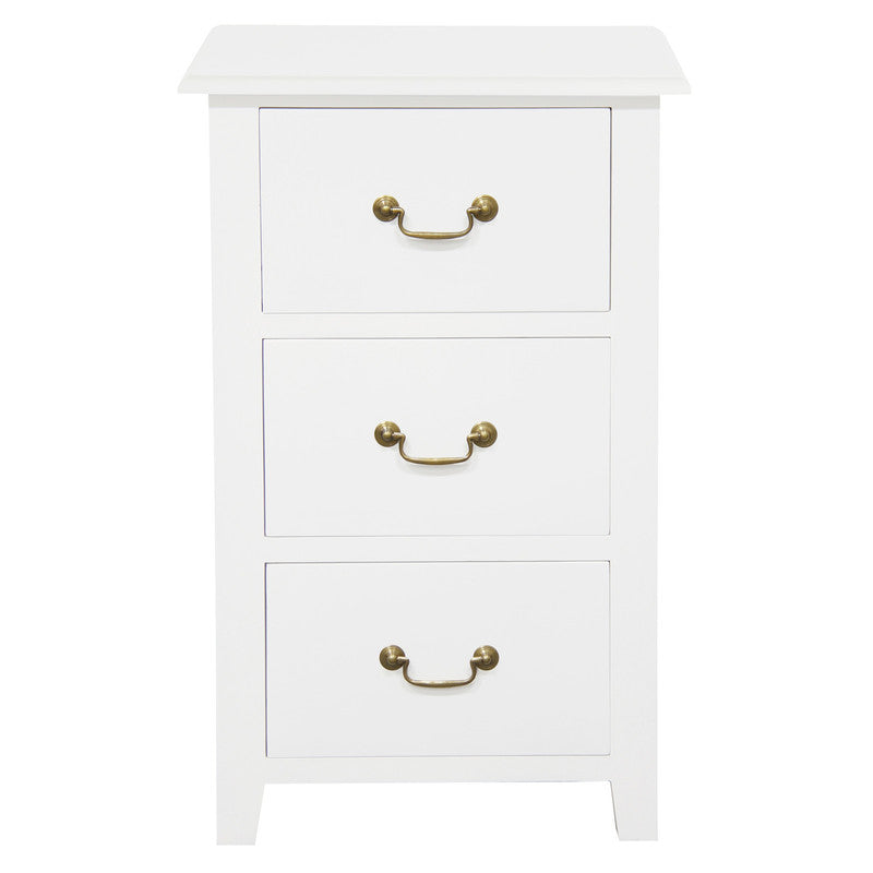 Ballina white solid mahogany three drawer bedside table with brass handles in a classic bedroom