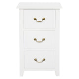 Ballina white solid mahogany three drawer bedside table with brass handles in a classic bedroom