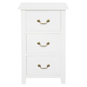 Ballina white solid mahogany three drawer bedside table with brass handles in a classic bedroom