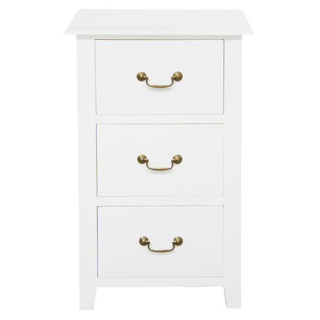 Ballina white solid mahogany three drawer bedside table with brass handles in a classic bedroom