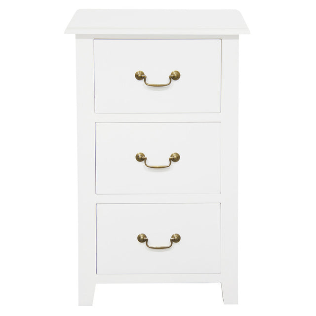 Ballina white solid mahogany three drawer bedside table with brass handles in a classic bedroom