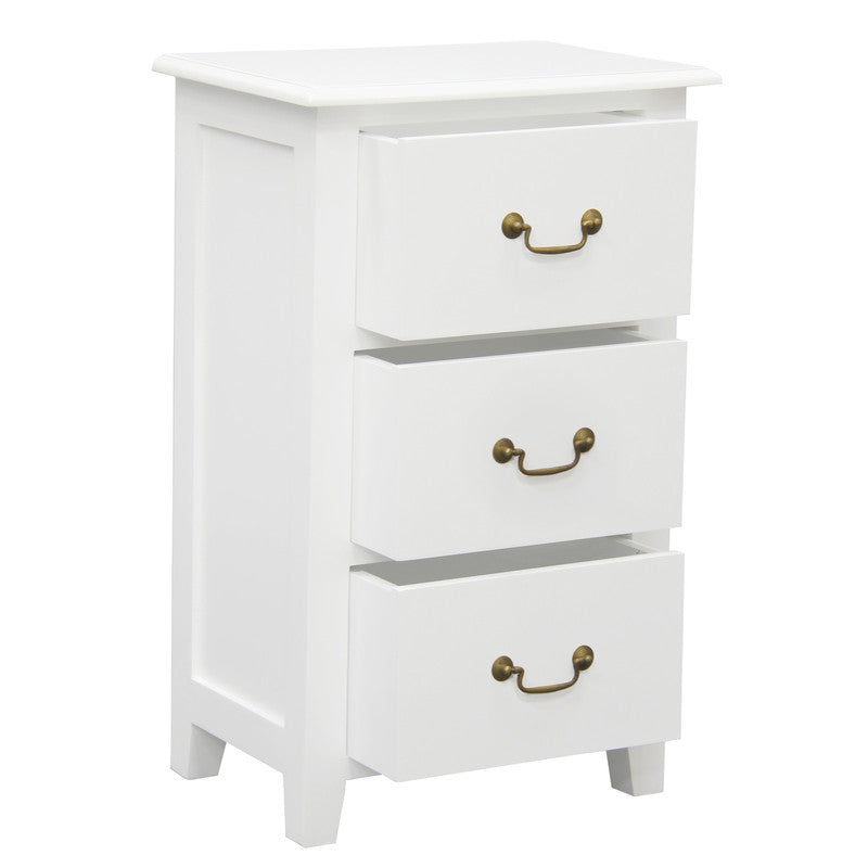Ballina white solid mahogany three drawer bedside table with brass handles in a classic bedroom