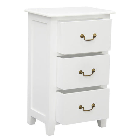 Ballina white solid mahogany three drawer bedside table with brass handles in a classic bedroom