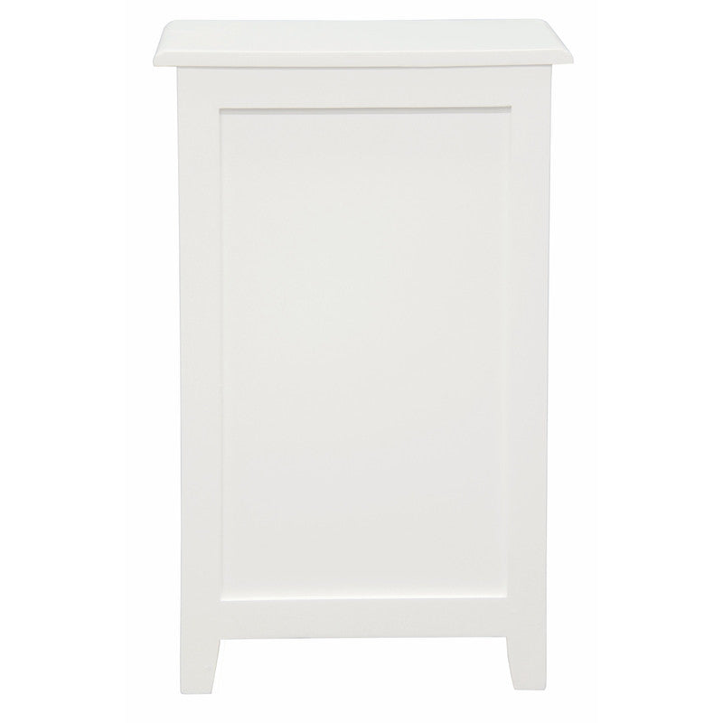 Ballina white solid mahogany three drawer bedside table with brass handles in a classic bedroom