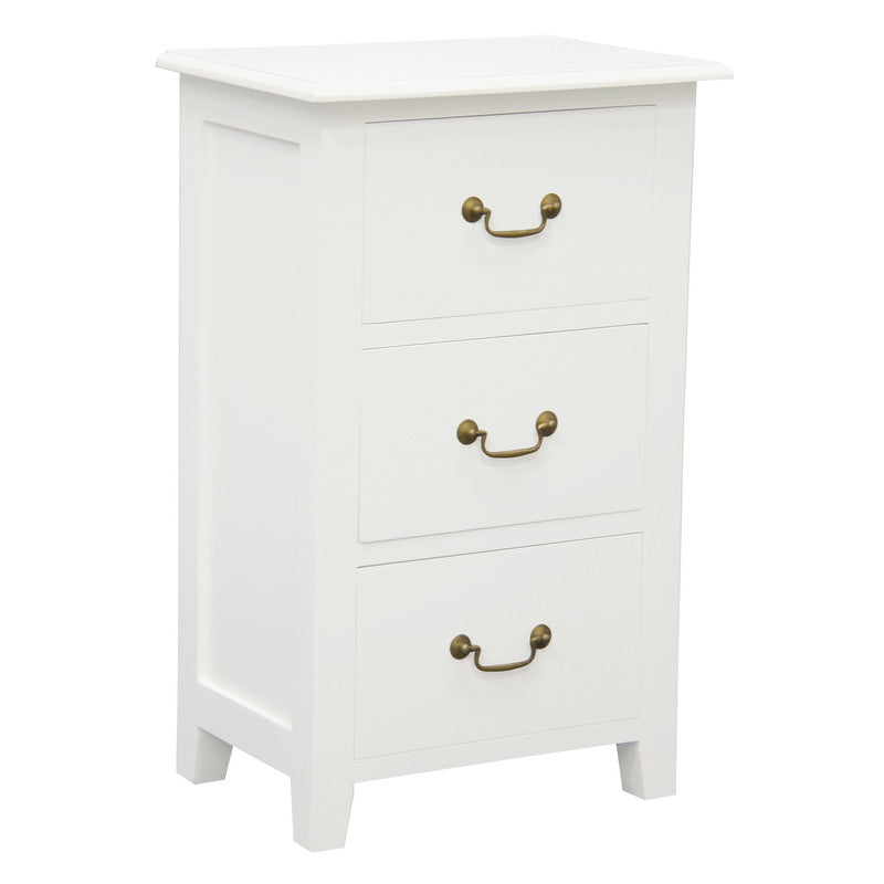 Ballina white solid mahogany three drawer bedside table with brass handles in a classic bedroom