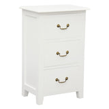 Ballina white solid mahogany three drawer bedside table with brass handles in a classic bedroom
