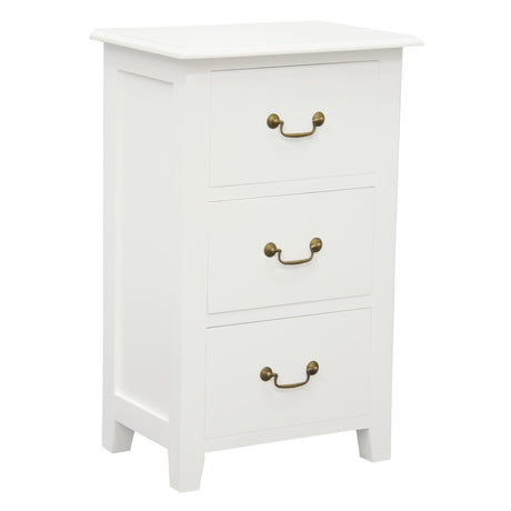 Ballina white solid mahogany three drawer bedside table with brass handles in a classic bedroom