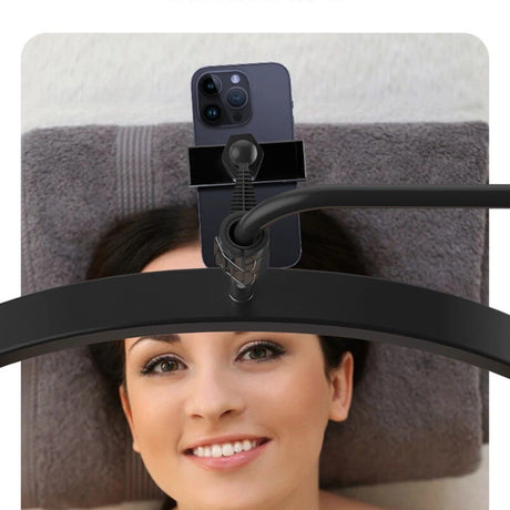 Half moon LED floor fill light in black with phone holder and remote