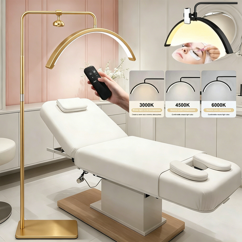 Half moon LED floor fill light in gold with phone holder and remote