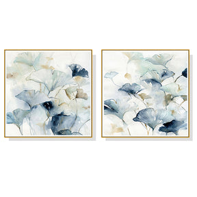 Two panel gingko leaf set with fan shaped forms on square canvases in gold floating frames