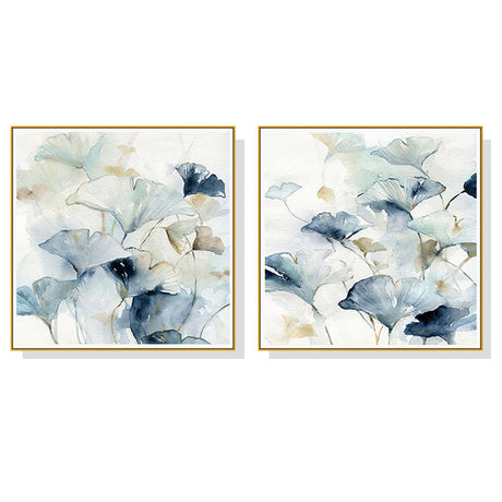 Gingko leaves canvas wall art pair in gold floating frames, 60 x 60 cm square panels