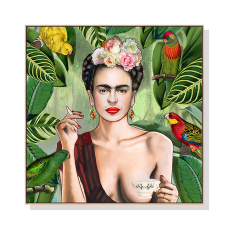 Frida Kahlo self portrait canvas wall art in a wood floating frame, 60 x 60 cm square panel