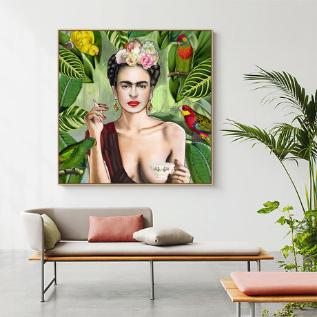 Close view of the self portrait canvas print showing facial detail and rich colour