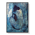 Expressive reclining figure canvas print in cool blue tones in a black floating frame