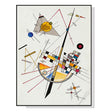 Playful geometric abstract canvas print in a black floating frame