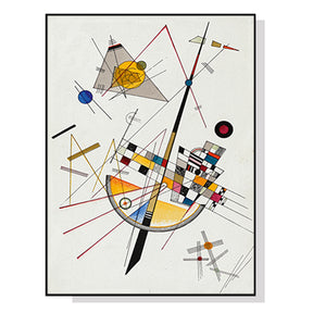 Playful geometric abstract canvas print in a black floating frame