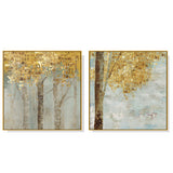 Two panel gilded golden leaves set on square canvases in gold floating frames