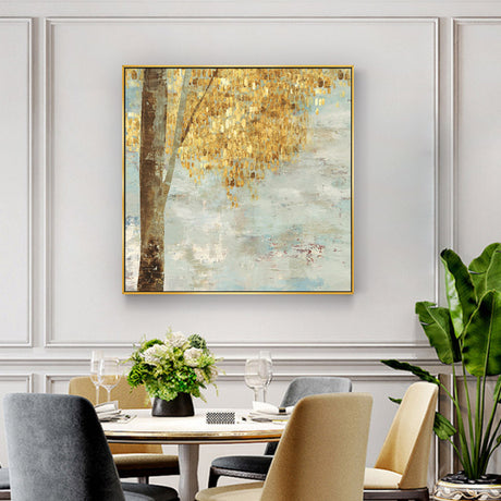 Close up of the gold floating frame and gallery wrapped canvas edge