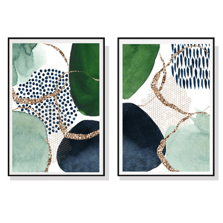 Abstract green and navy canvas wall art pair in black floating frames, 40 x 60 cm portrait panels