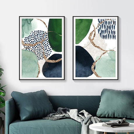 Close view of the green and navy abstract canvas showing layered colour fields